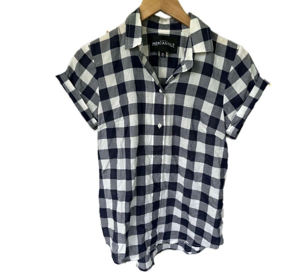 J Crew Mercantile 100% Cotton Large Gingham Button Down Cuff Cap Sleeve Shirt XS